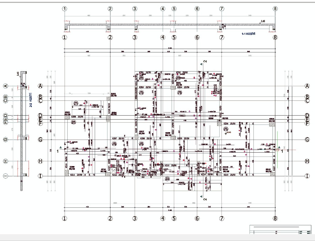 Donatı planı 1-1 2-2 kesitleri