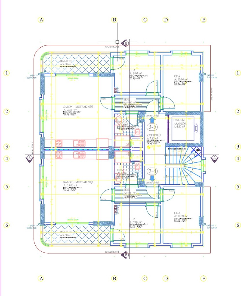 Çok daireli kat planı daire girişleri